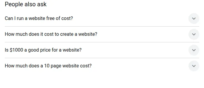 Google’s People also ask box for the search how much does a website cost, listing the same four questions this FAQ answers