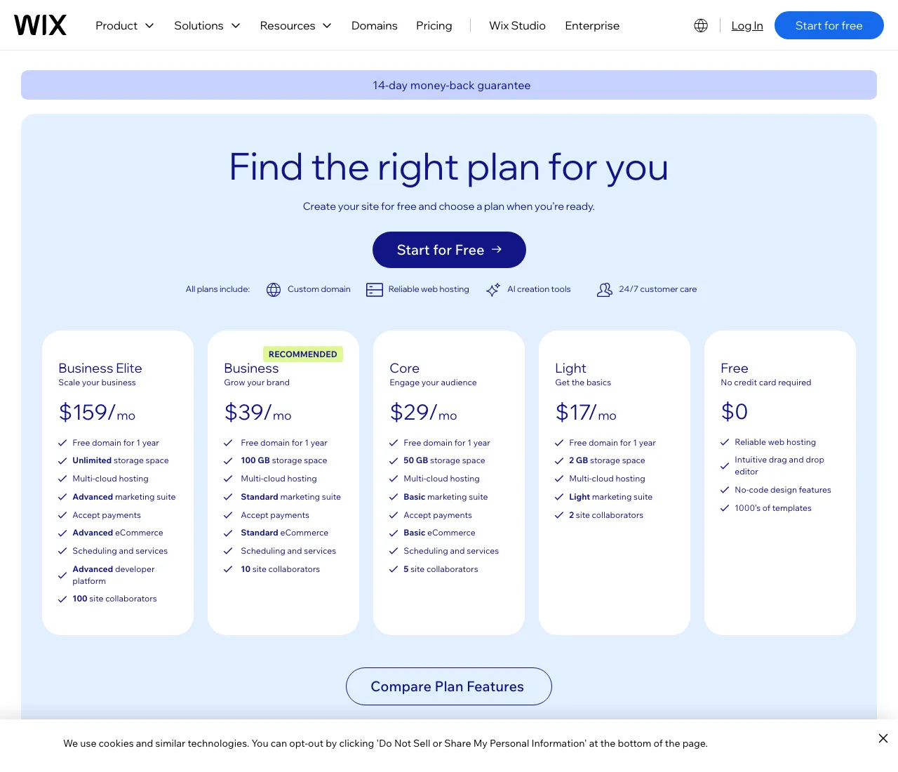 Wix's live pricing page, from the free plan to Business Elite