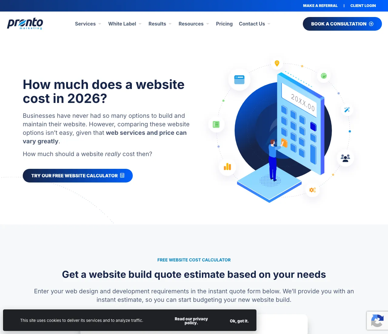 Pronto Marketing's website cost page, asking how much a website costs and offering its quote calculator