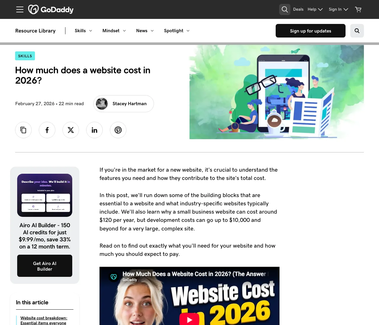 GoDaddy's article on website cost, dated this February, with its named author and cost ranges