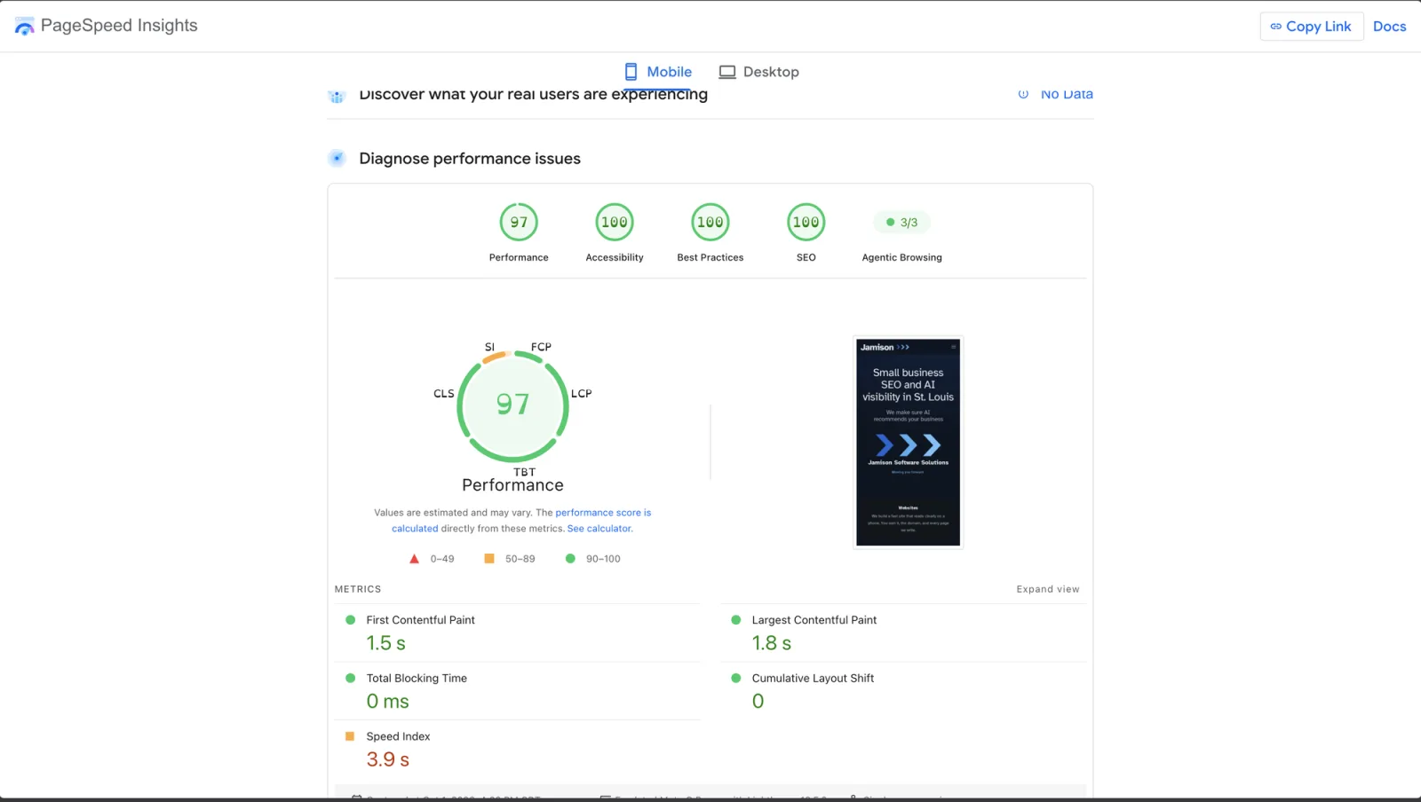 PageSpeed Insights on the Mobile tab: the real-user block reads No Data, and the lab run below shows a 97 performance score with Largest Contentful Paint 1.8 s and Cumulative Layout Shift 0