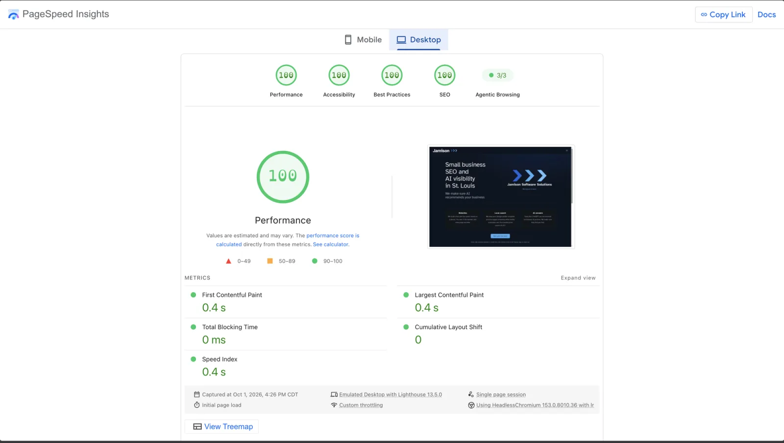 PageSpeed Insights on the Desktop tab showing a 100 performance score, Largest Contentful Paint 0.4 s and Cumulative Layout Shift 0