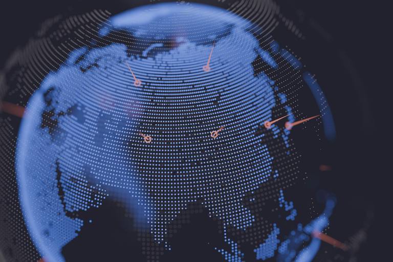 A glowing blue digital globe with connection points, representing data and people across regions.