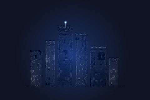 A cluster of office towers drawn in glowing blue dots, the tallest marked with a bright pin.