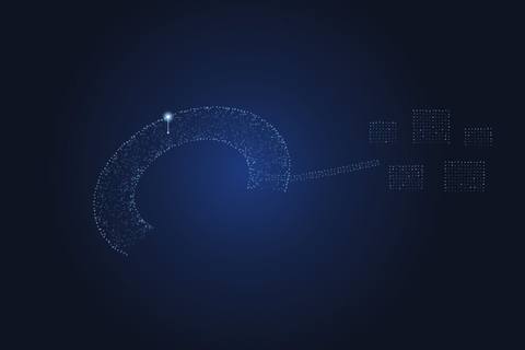 A crescent-shaped lake drawn in glowing blue dots beside a small street grid, with a bright marker on the shore.