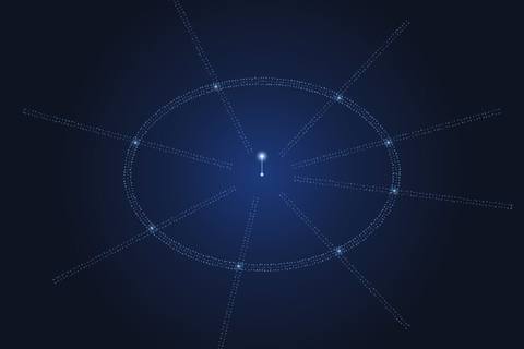 A beltway ring with radiating highways drawn in glowing blue dots, a bright marker at the center.