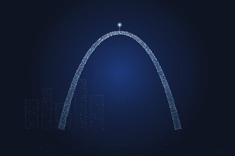 The Gateway Arch drawn as a constellation of glowing blue dots, with a bright marker at its peak.