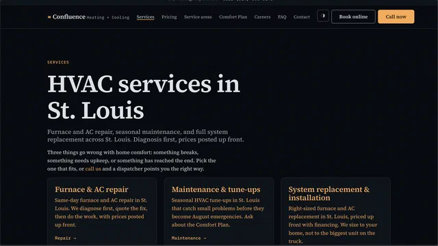 Screenshot of the Confluence Heating + Cooling website, built by Jamison Software Solutions